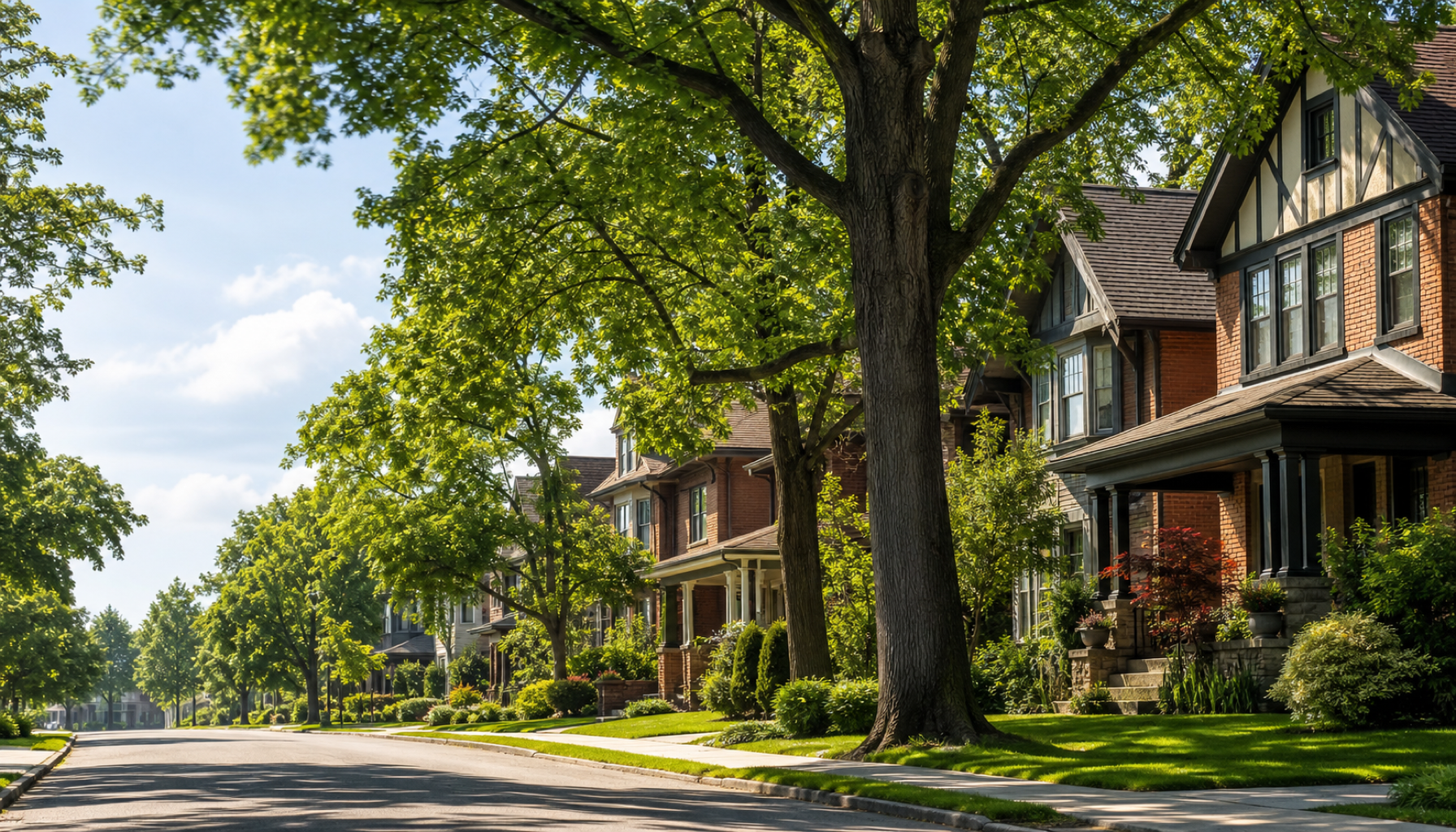Tree-lined street of early-1900s character homes in Glenora, Edmonton on a summer day